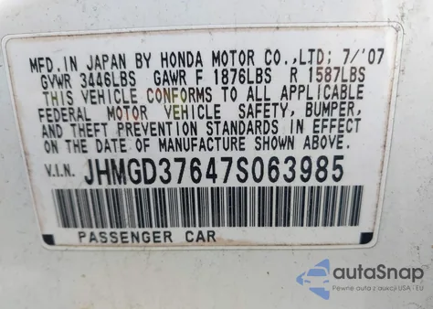 2007 Honda Fit S z USA, uszkodzony, nr VIN JHMGD37647S063985